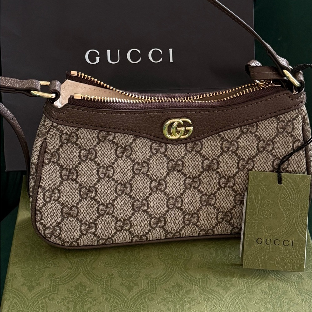 Gucci Beige Brown GG Canvas Shoulder Bag with Gold Hardware